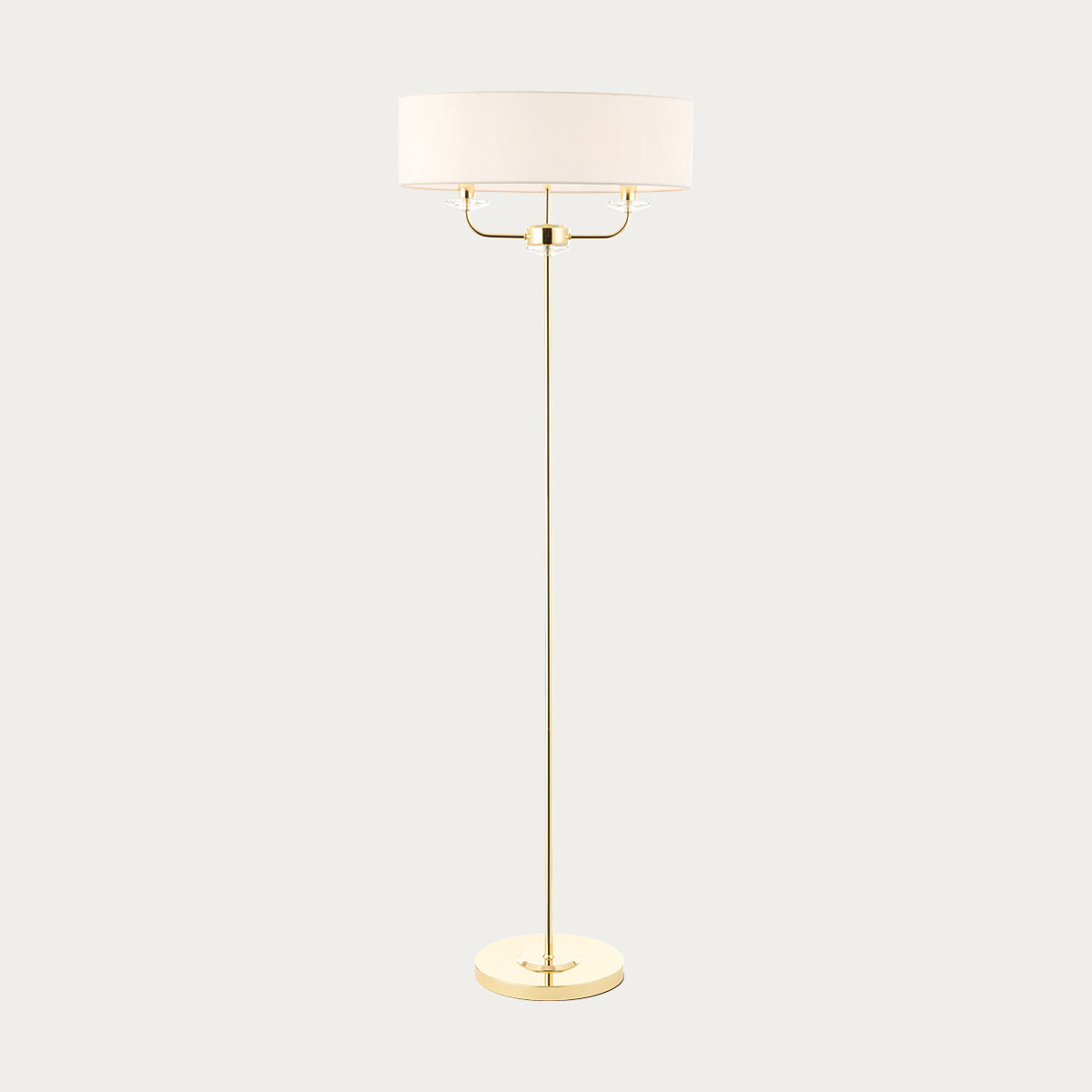 Roosevelt Two Light Floor Lamp in Brass with Vintage White Fabric Shade