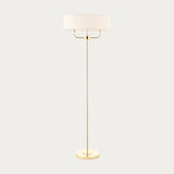 Roosevelt Two Light Floor Lamp in Brass with Vintage White Fabric Shade