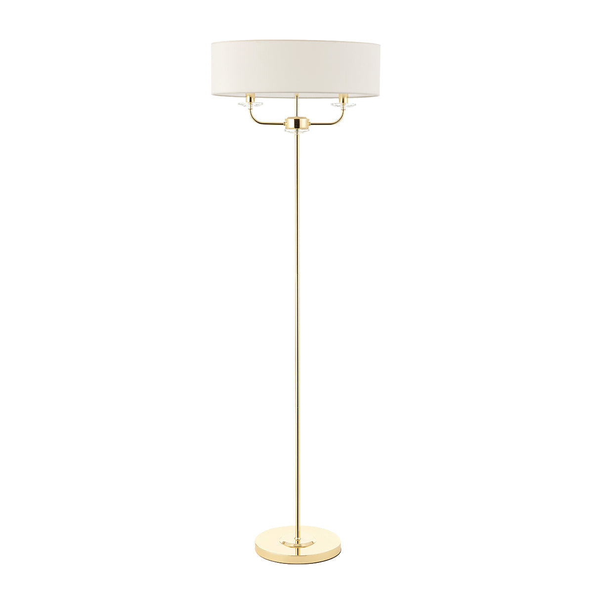 Roosevelt Two Light Floor Lamp in Brass with Vintage White Fabric Shade