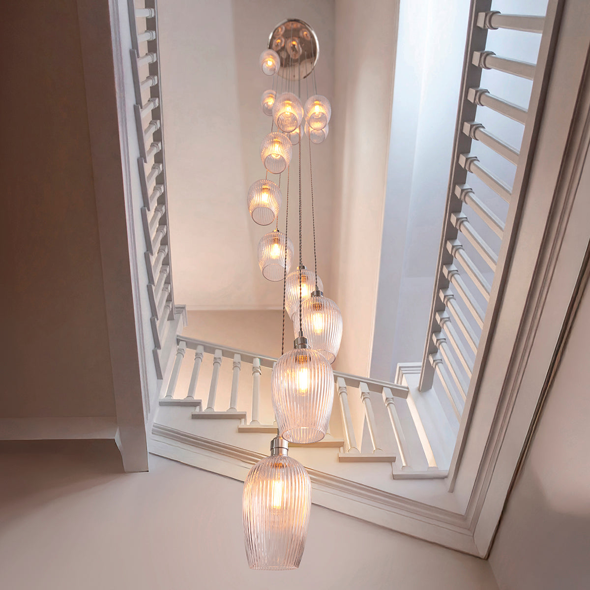 Bright Nickel Plate & Clear Ribbed Glass 13-Light