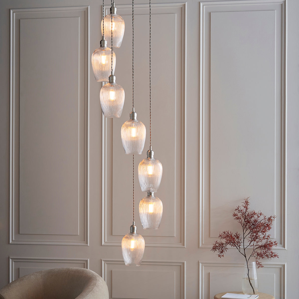 Bright Nickel Plate & Clear Ribbed Glass 7-Light