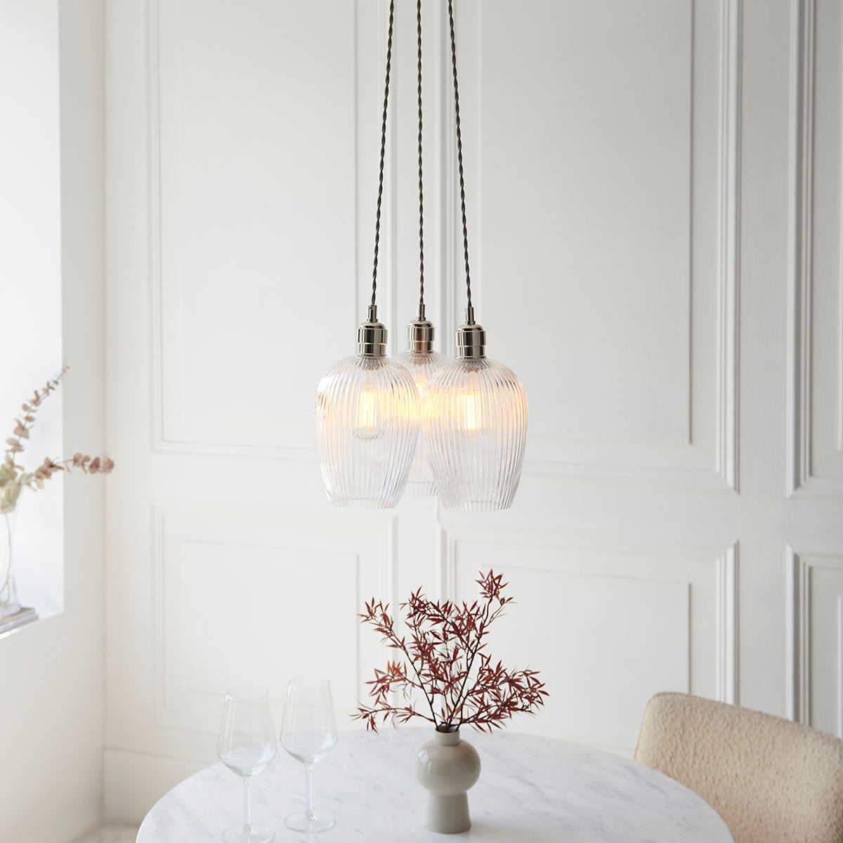 Bright Nickel Plate & Clear Ribbed Glass 3-Light