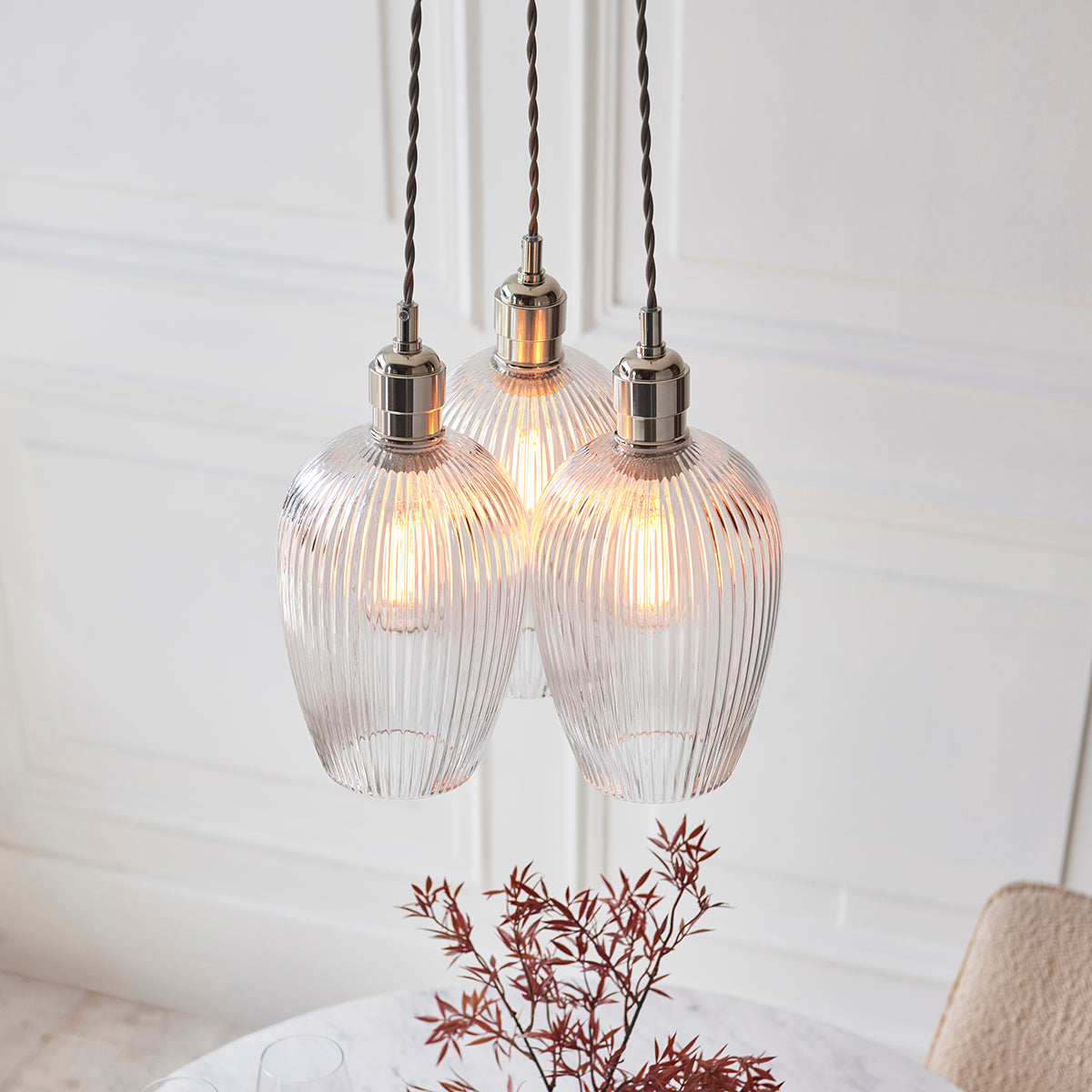 Bright Nickel Plate & Clear Ribbed Glass 3-Light