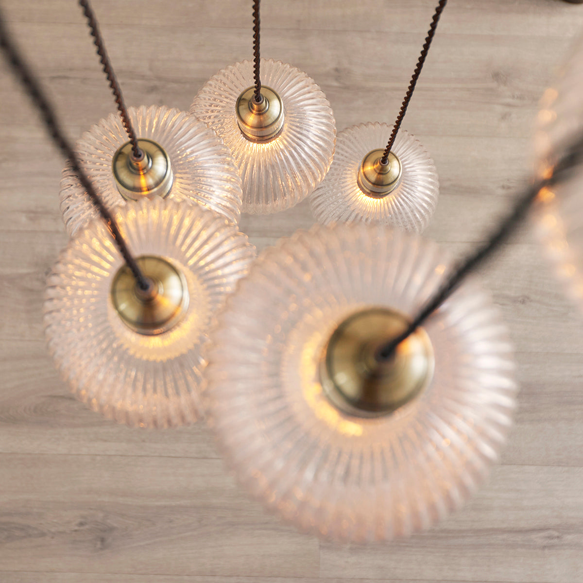 Antique Brass Plate & Clear Ribbed Glass 7-Light