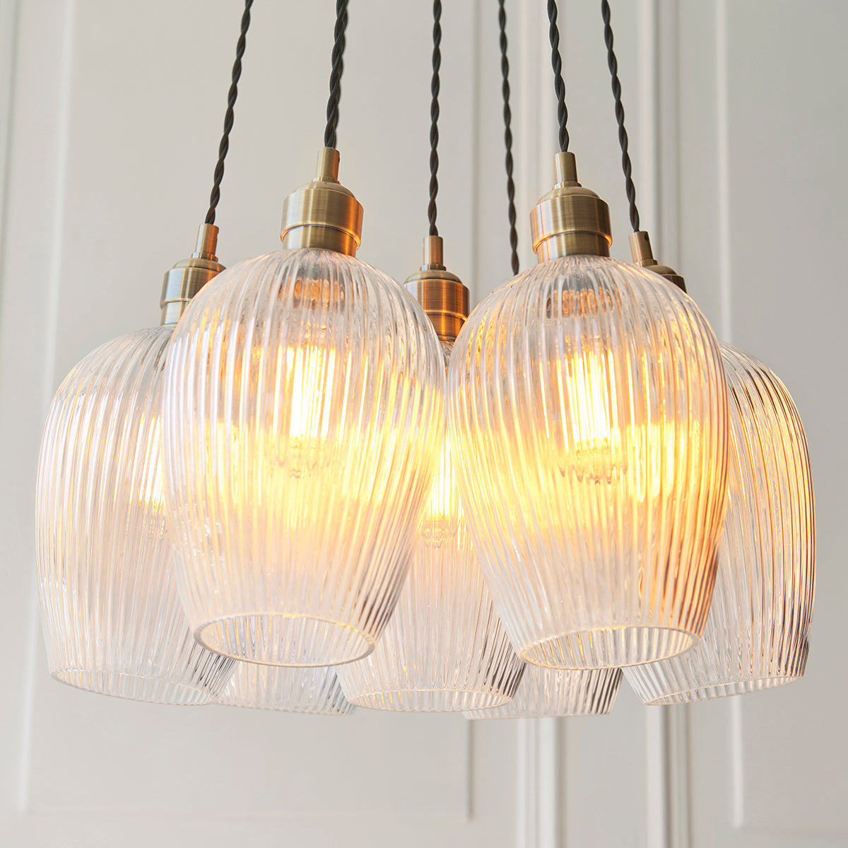 Antique Brass Plate & Clear Ribbed Glass 7-Light