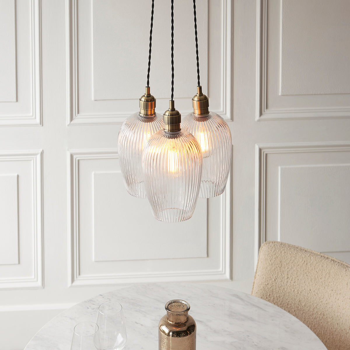 Antique Brass Plate & Clear Ribbed Glass 3-Light