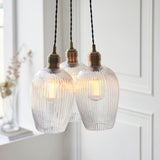 Antique Brass Plate & Clear Ribbed Glass 3-Light
