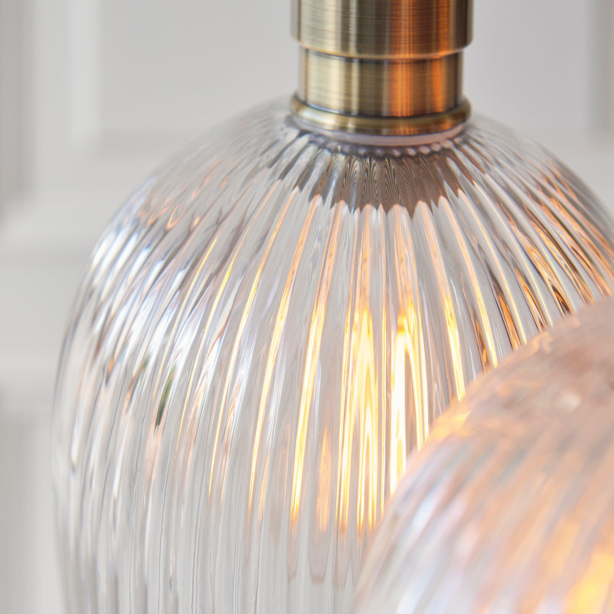 Antique Brass Plate & Clear Ribbed Glass 3-Light