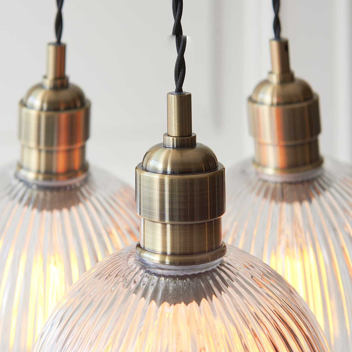 Antique Brass Plate & Clear Ribbed Glass 3-Light