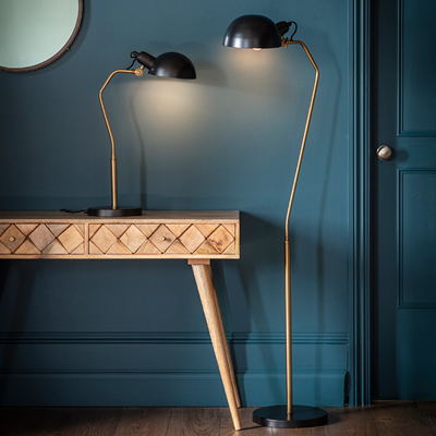 Matching floor & table lamp with curved neck design.