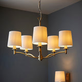 Odell Five Light Pendant in Antique Brass with Vintage White Fabric