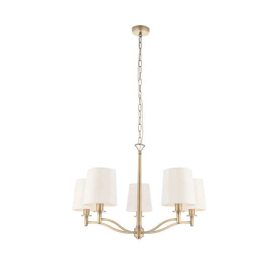 Odell Five Light Pendant in Antique Brass with Vintage White Fabric