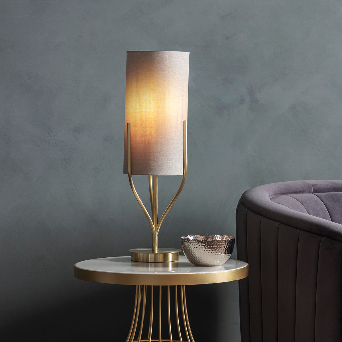 Fabio Table Lamp in Satin Brass with Natural Linen Shade