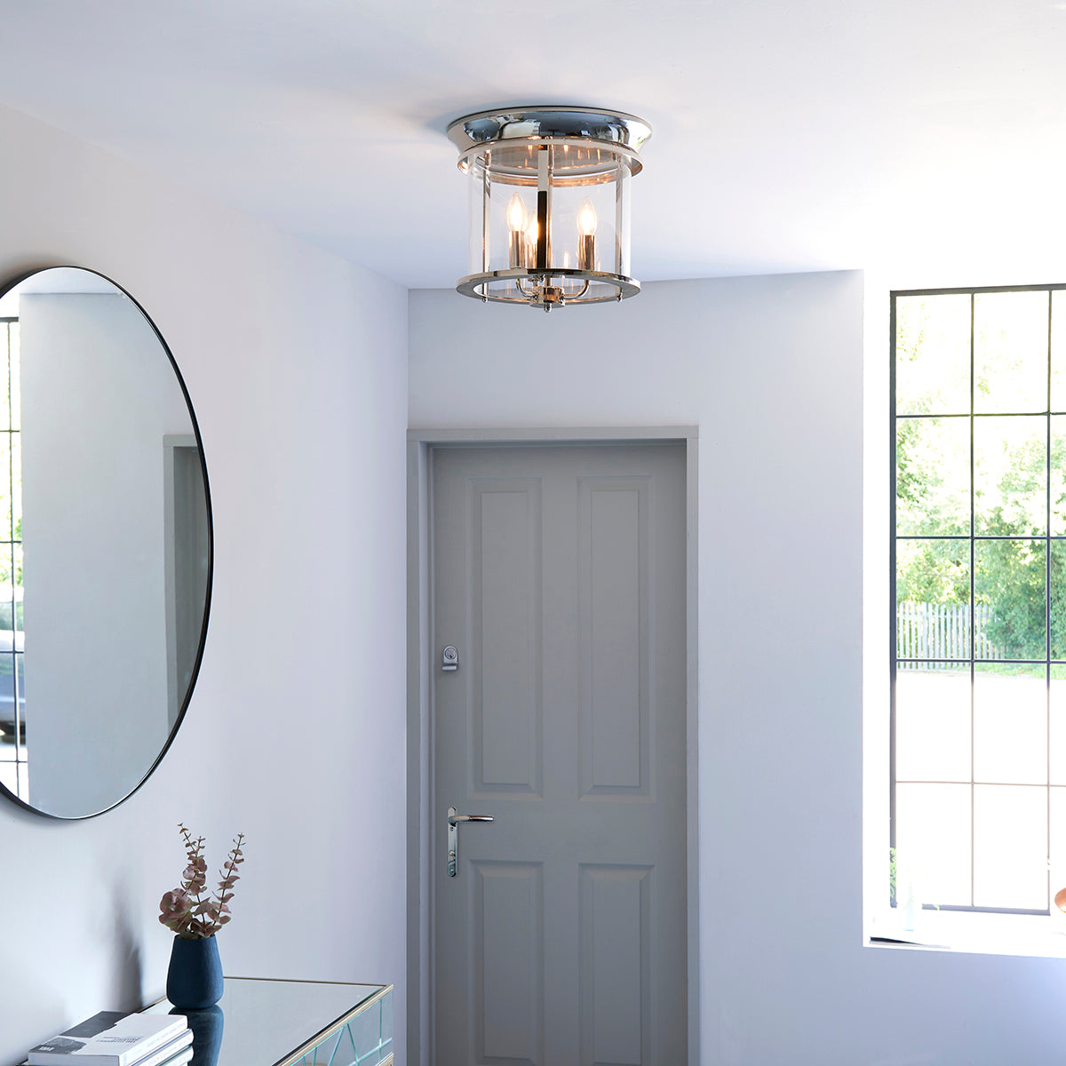 Lincoln Clear Glass Flush Light in Bright Nickel