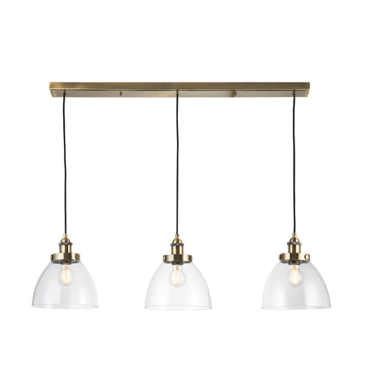 Marlowe Clear Glass Three Light Pendant in Antique Brass