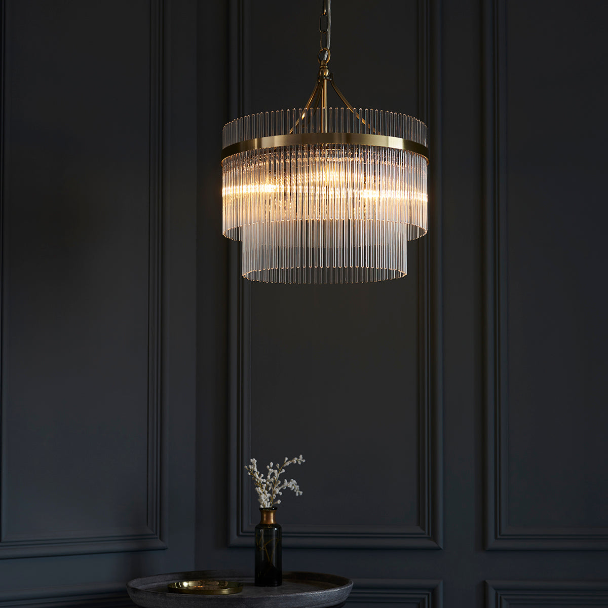 Seraphina Clear Glass Three Light Pendant in Antique Brass