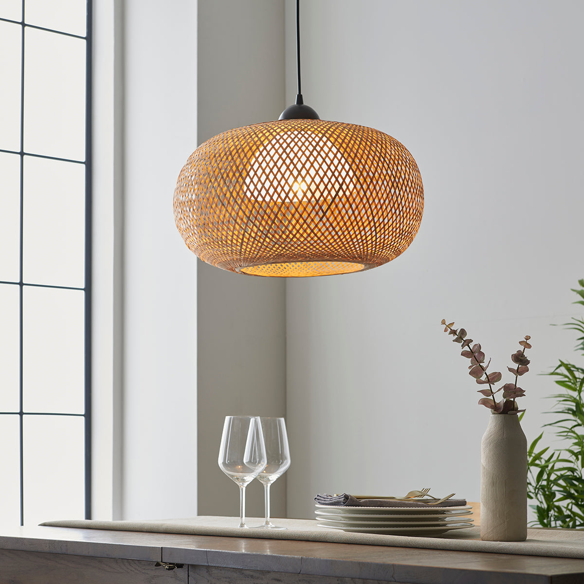 Estelle Natural Bamboo Round Pendant in Matt Black