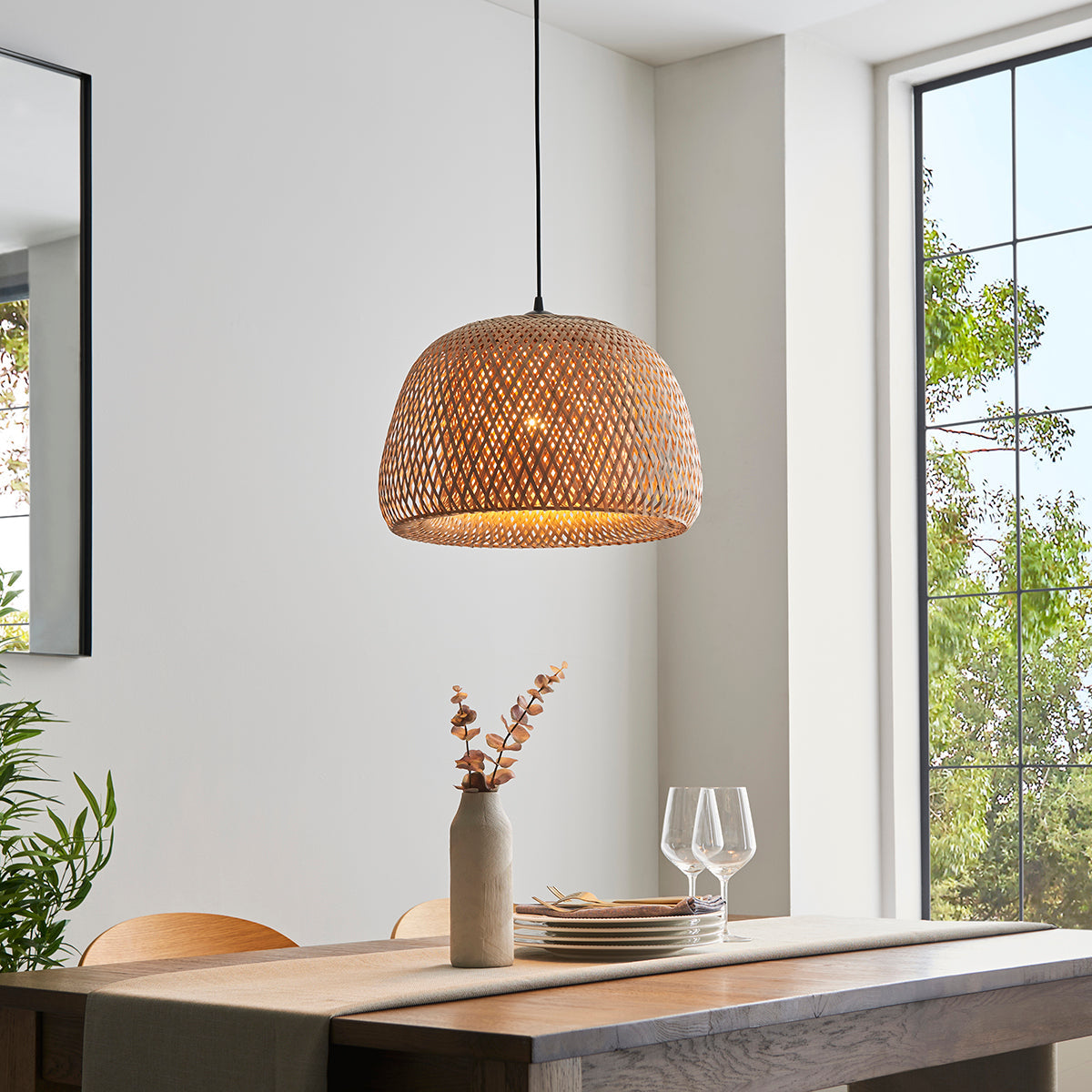 Estelle Natural Bamboo Dome Pendant in Matt Black