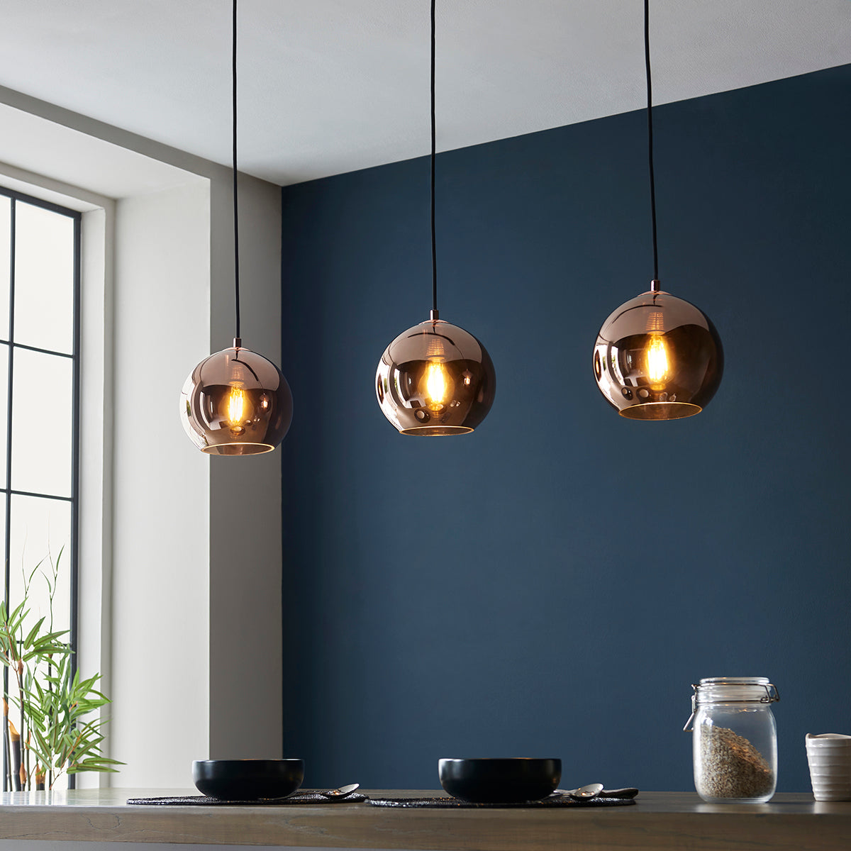 Ezra Copper Mirrored Glass Three Light Pendant in Matt Black