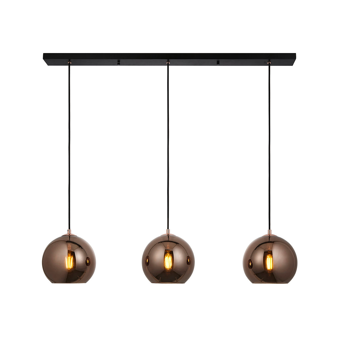 Ezra Copper Mirrored Glass Three Light Pendant in Matt Black