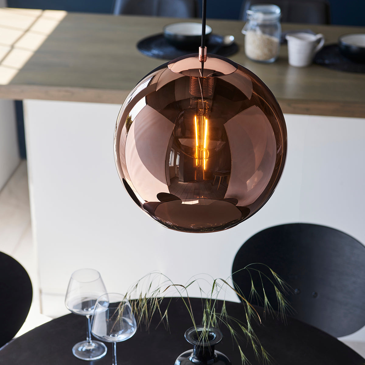 Ezra Copper Mirrored Glass Pendant in Matt Black