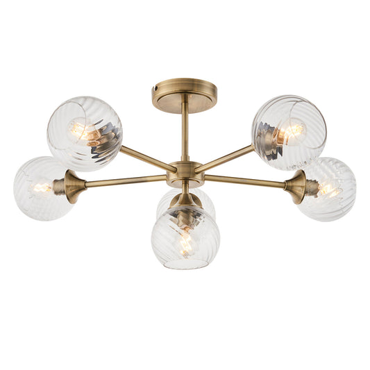 Madeline Spiral Glass Six Light Semi Flush Light in Antique Brass