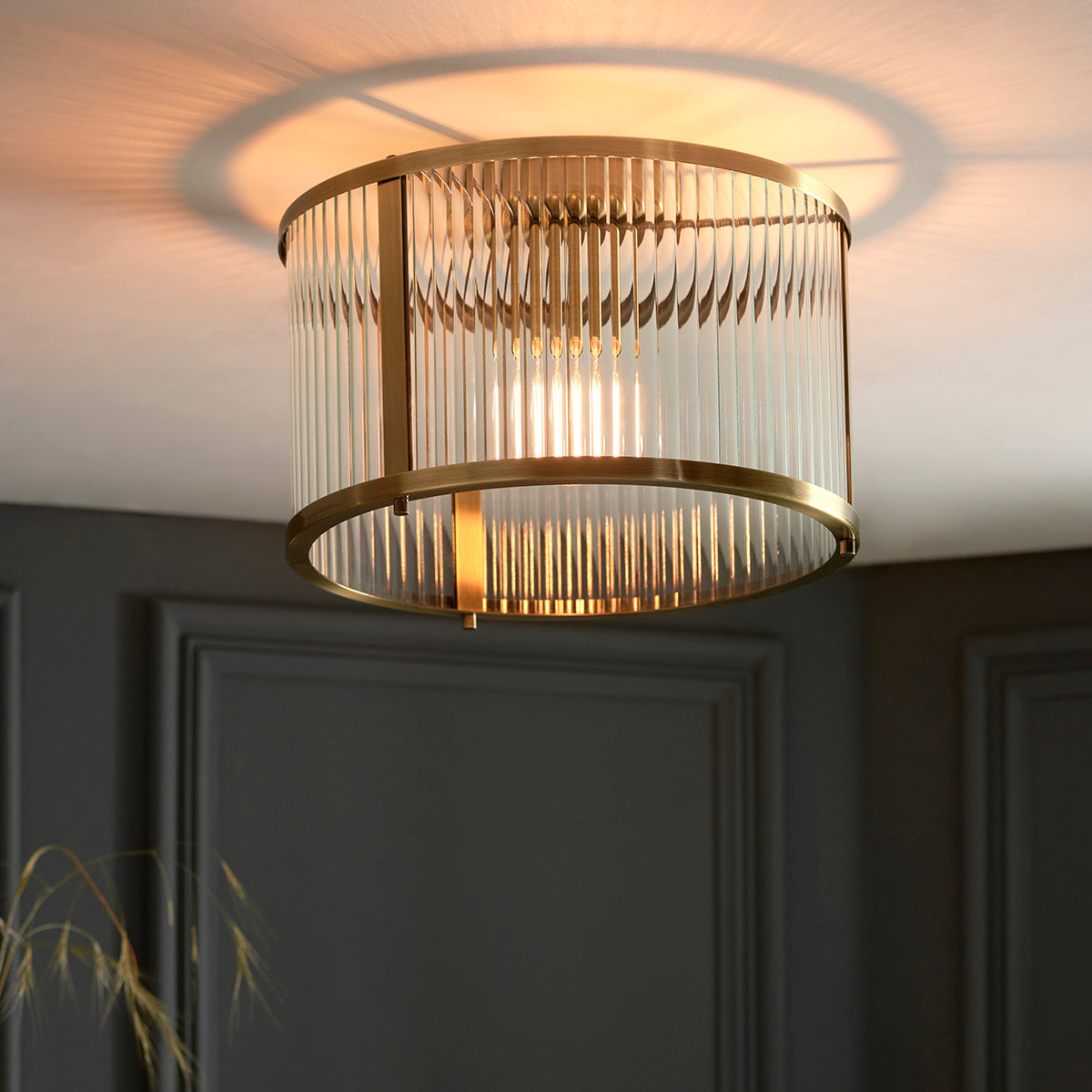 Somerset Ribbed Glass Flush Light in Antique Brass