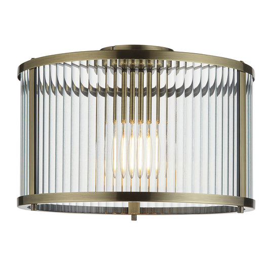 Somerset Ribbed Glass Flush Light in Antique Brass