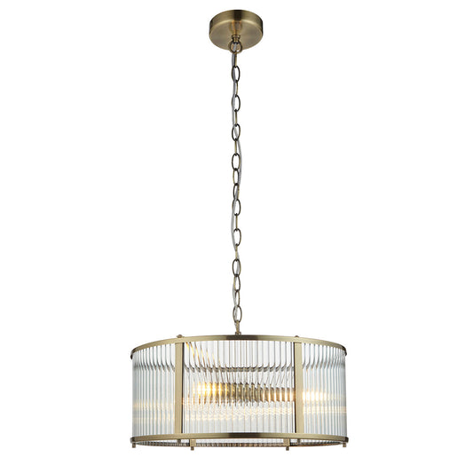 Somerset Ribbed Glass Three Light Pendant in Antique Brass
